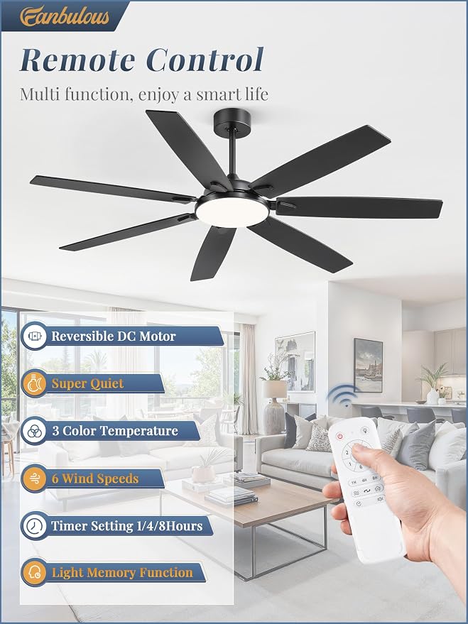 Fanbulous 62 Inch Large Ceiling Fans with Lights and Remote, Black Modern Ceiling Fan with 3CCT LED Light, Quiet DC Motor,Indoor/Outdoor Ceiling Fan with 7 Dual Finish Blades for Living Room, Patio