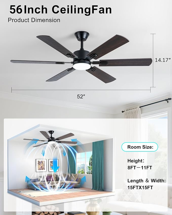 Coolwind 56 Inch Brown Ceiling Fan, Display Remote&APP Control, 6 Blade Modern Silent Ceiling Fan with 8 Speeds, Dimmable, Timer, DC Reversible Motor, Double Sided Blade for Bedroom, Living Room
