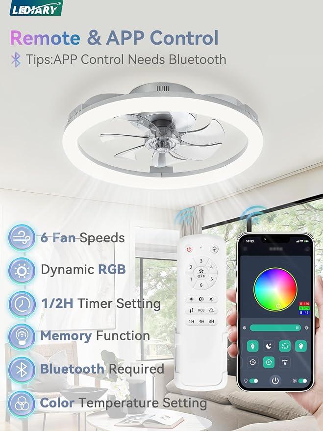 LEDIARY RGB Low Profile Ceiling Fans with Lights and Remote, 20 Inch Dimmable Modern Fan Light(3000K-6000K), 6 Speed, Reversible, APP & Remote Control, Flush Mount Ceiling Fan for Bedroom, Grey