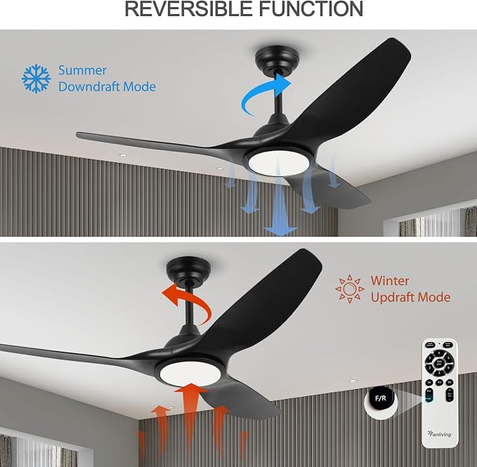 52 Inch High CFM Quiet Modern Black Ceiling Fan with Lights Remote Control | DC Motor, 6 Speed, Indoor 3 Blade Ceiling Fan for Bedroom Living Room