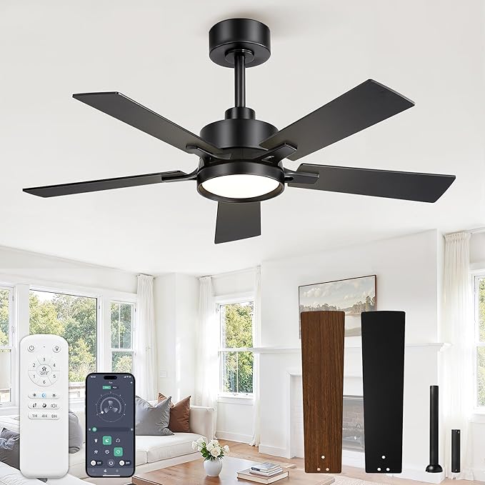 42 Inch Ceiling Fan with Lights and Remote,Smart APP Control | Dimmable LED,3CCT,Smart Memory Function,Quiet DC Motor,Dual-Finish Reversible Blades,Damp Rated,6 Adjustable Speeds,Timer