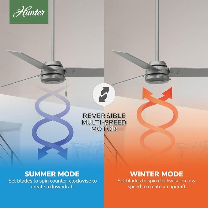 Hunter Cassius, Outdoor or Indoor, Ceiling Fan, 52 inch, Matte Silver | No Light, Standard Mount, Pull Chain, 3 Blades, For Living Room, Patio, Porch, Garage, 59262