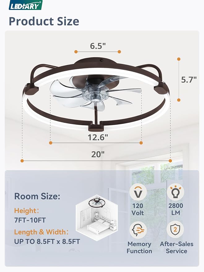 LEDIARY Ceiling Fans with Lights and Remote, 20'' Low Profile Ceiling Fan with Light, 3000-6000K Dimmable Fandelier LED Fan Light, 6 Wind Speeds, Brown Modern Flush Mount Ceiling Fan for Bedroom