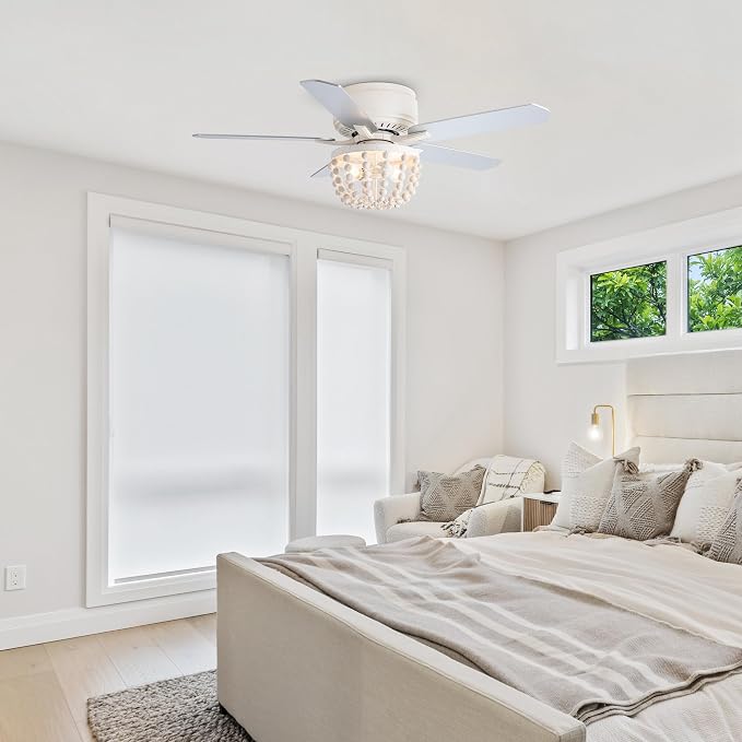 Boho Ceiling Fans with Lights, 48 Inch Flush Mounted Ceiling Fan with Remote Control and Wood Beaded Shade, 3 Speeds & Reversible Motor, 5 Double-Sided Blades for Bedroom Living Room