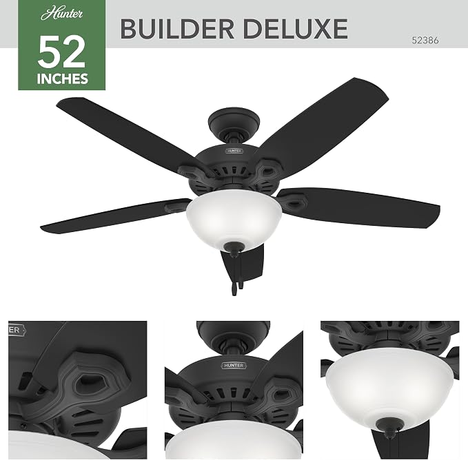 Hunter Builder Deluxe, Indoor, Ceiling Fan, 5 Blades, 52 inch, Matte Black | with LED Light, Standard Mount, Pull Chain, For Bedroom, Living Room, Includes Bulbs, 52386