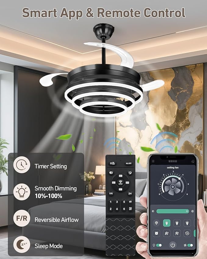 Retractable Ceiling Fans with Lights, 42" Fandelier Ceiling Fan with Light and Remote, Reversible, 3 CCT, Dimmable, Modern Chandelier Ceiling Fan for Bedroom, Living Room, Dining Room (Black)