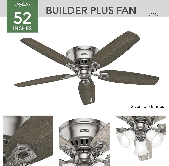 Hunter Builder, Indoor, Ceiling Fan, Pull Chain, 52 inch, Brushed Nickel