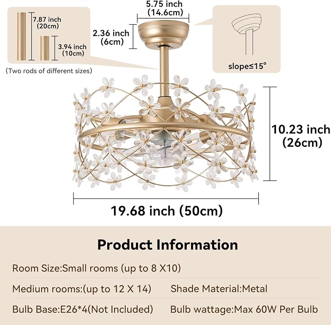 20" Gold Fandelier Ceiling Fans with Lights, Flower Chandelier Ceiling Fan | 6 Speeds, Reversible Motor, Timer, Remote,Vintage Gold Flower Caged, Quiet Fandelier For Girl's Bedroom, Nursery, Living Room