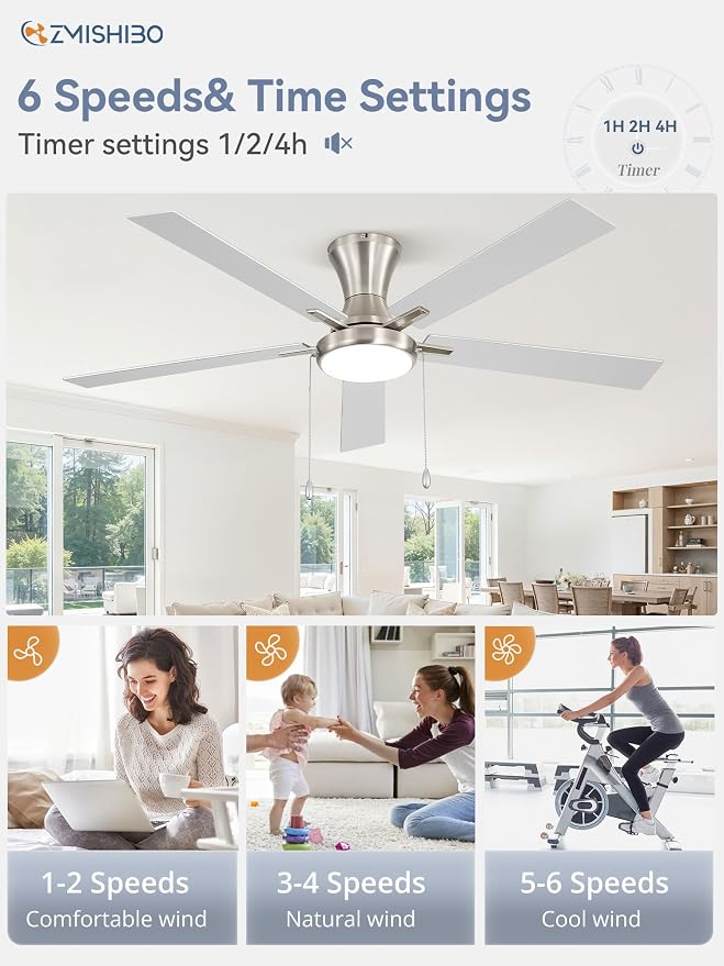 ZMISHIBO Ceiling Fans with Lights, Low Profile Ceiling Fan with Pull Chain and Remote Control, Flush Mount, Reversible, Dimmable, Noiseless, White Pull Cord Ceiling Fan for Bedroom(60inch Nickel)