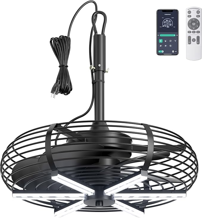 Coolbull Outdoor Ceiling Fans with Lights, 20'' Hanging Fan, Plug and Play | Wet Rated, Remote & APP Control Black Outdoor Fan with Hook for Gazebos, Patios, Porches, Decks
