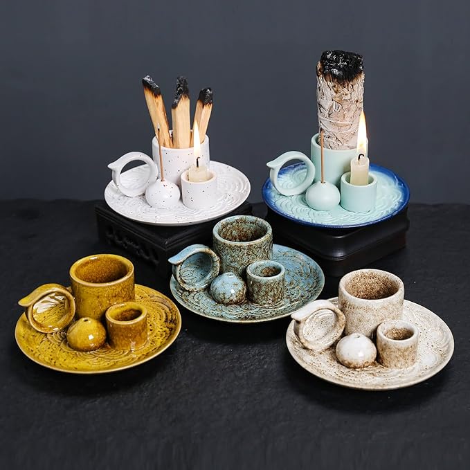 4 in 1 Ceramic Incense Burner Holder with Handle for Burning Sage, Palo Santo Stick, Joss Sticks, Candle in Your New House, Office, Yoga, Meditation Room (Sky Blue)