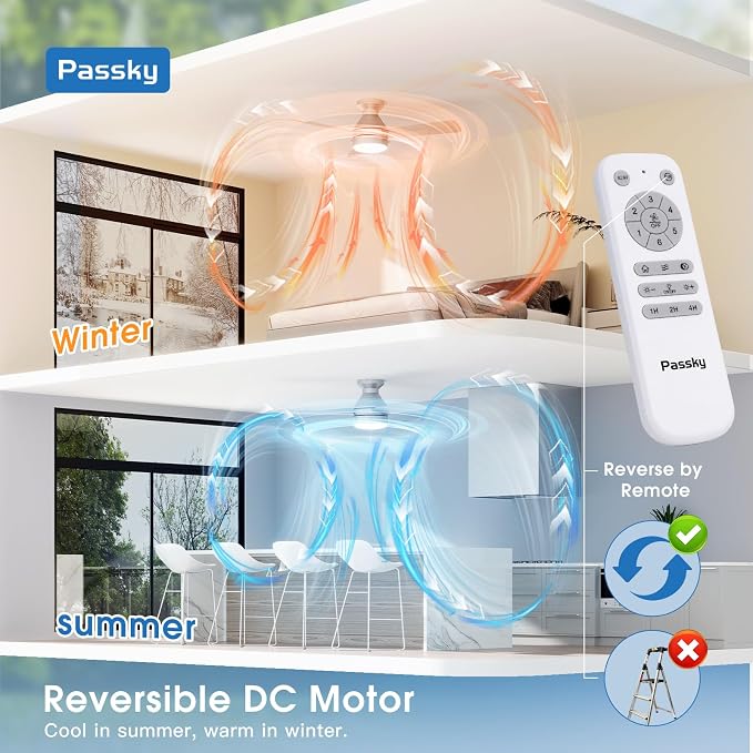 Passky Ceiling Fans with Lights, 42 inch Low Profile Ceiling Fan with Pull Chain and Remote Control, Flush Mount, Reversible, 5CCT, Dimmable, Noiseless, Nickel Pull Cord Ceiling Fan for Bedroom