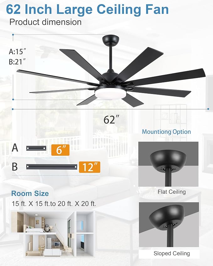 POCHFAN 62 Inch Ceiling Fans with Lights,Large Modern Ceiling fan with Remote and 8 Wooden Blades,Dimmable,6 Speeds,Noiseless Reversible Indoor&Outdoor Fan for Bedroom,Patio,Living Room