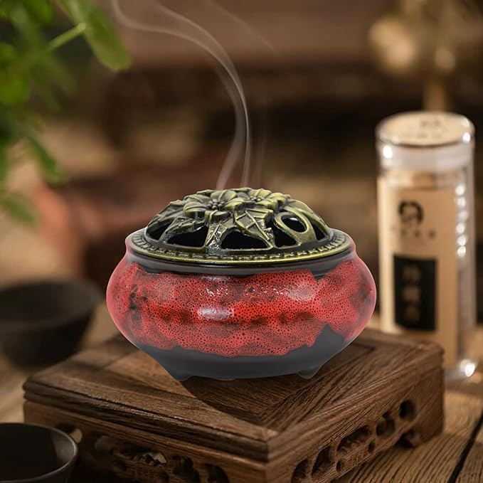 Ceramic Incense Burner with Lid, Incense Holder for Sticks Incense Cone Holder with Brass Incense Stick Holder for Yoga Meditation Home Decor (Fambe Red)