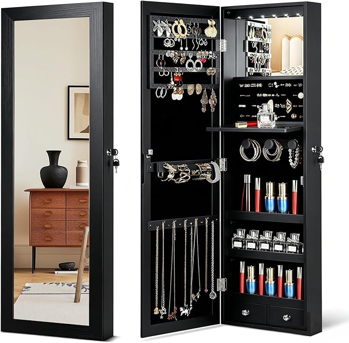 Over the Door Jewelry Organizer, Wall Mounted Jewelry Cabinet, Hanging Mirror with Storage Box, Wall/Door Mounted Full Length Mirror with LED