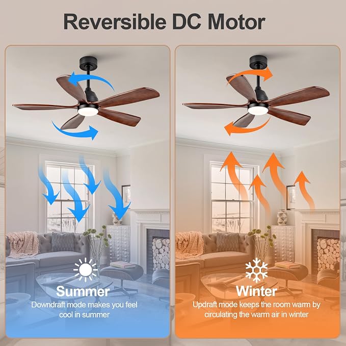 48 Inch Ceiling Fans with Lights and Remote, 5 Blades, Wood Ceiling Fan with Light, Dimmable, Wall Switch, Reversible DC Motor, Modern Indoor Outdoor Ceiling Fan for Patio Office Dining Room