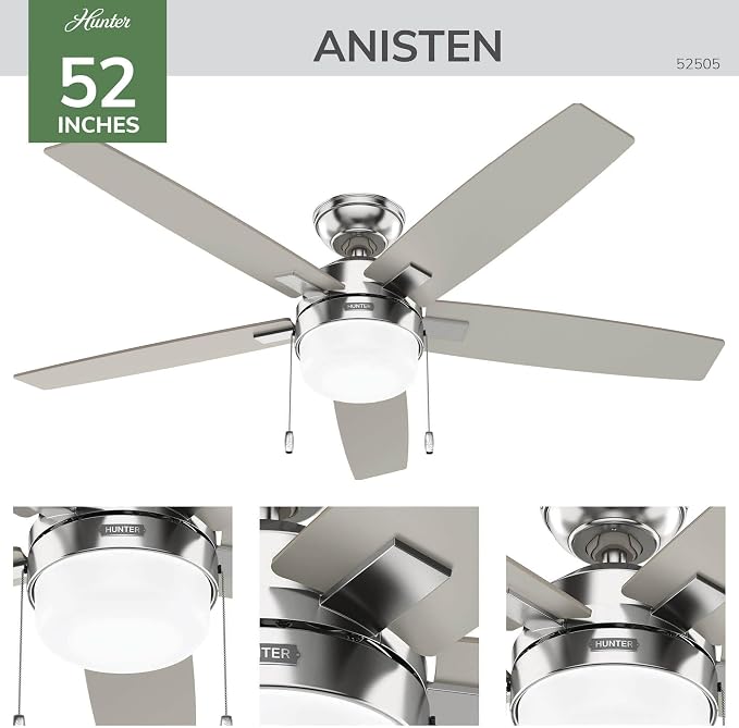 Hunter 52" Anisten Indoor Ceiling Fan, Light, Pull Chain, Brushed Nickel | WhisperWind whisper-quiet motor, DuraLight lens, and 3" downrod support bedrooms, offices, and great rooms year-round.