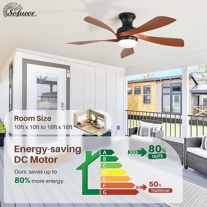 Sofucor 42 Inch Low Profile Ceiling Fan with Light, Flush Mount Outdoor Ceiling Fan with Remote for Farmhouse Bedroom Living Room Patio, Dimmable LED High Airflow Quiet Reversible DC Motor