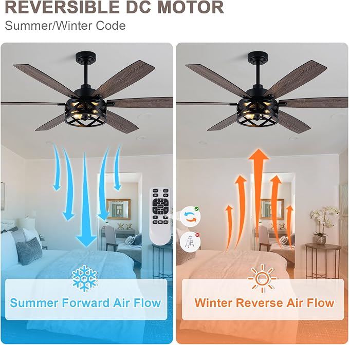 Bella Depot 60" Ceiling Fan with Light, Farmhouse Chandelier Ceiling Fan with Lights and Remote, Caged Rustic Indoor Fandelier with Silent Motor for Dining Living Room Bedroom, (bulbs not included)