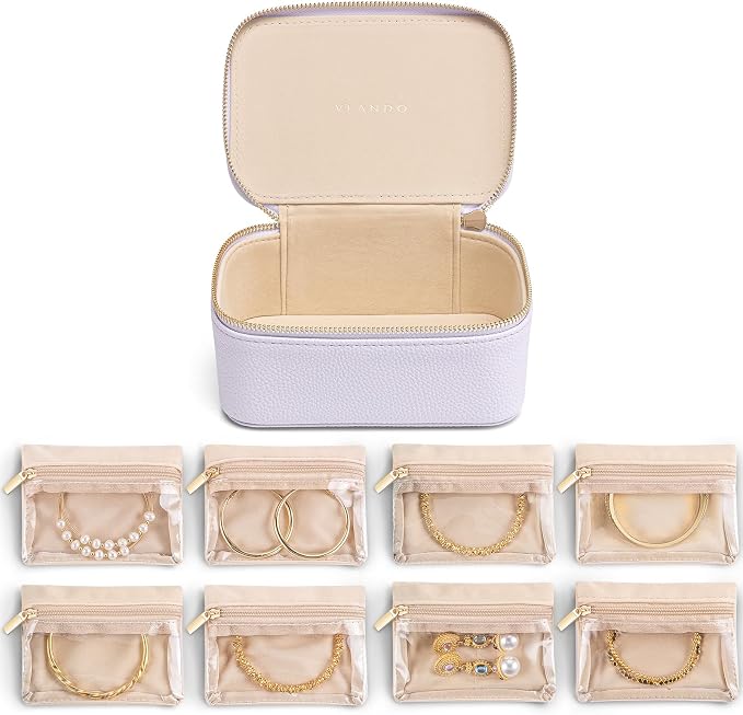 VLANDO Jewelry Travel Case,Travel Jewelry Organizer with Clear Velvet Jewelry Bags Zipper Pouch for Women Girl Gift- 8Pcs Purple