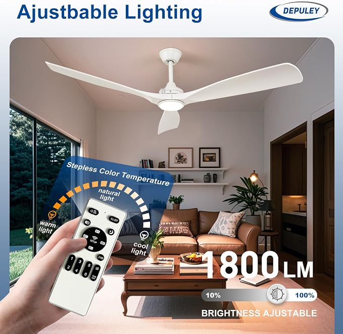 Depuley 60-Inch Ceiling Fan with Light: White 3 Blade Outdoor Fans for Patios - Dimmable Indoor Fan with Remote Control Fandelier Ceiling Fans for Living Dining Room Reversible 6 Speed