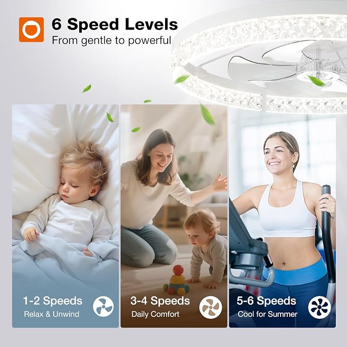 addlon Ceiling Fans with Lights and Remote, 24'' Low Profile Flush Mount Ceiling Fan, 3000–6000K Dimmable LED Fandelier, Bladeless Crystal Fan Light for Bedroom, Kitchen, Living Room, White