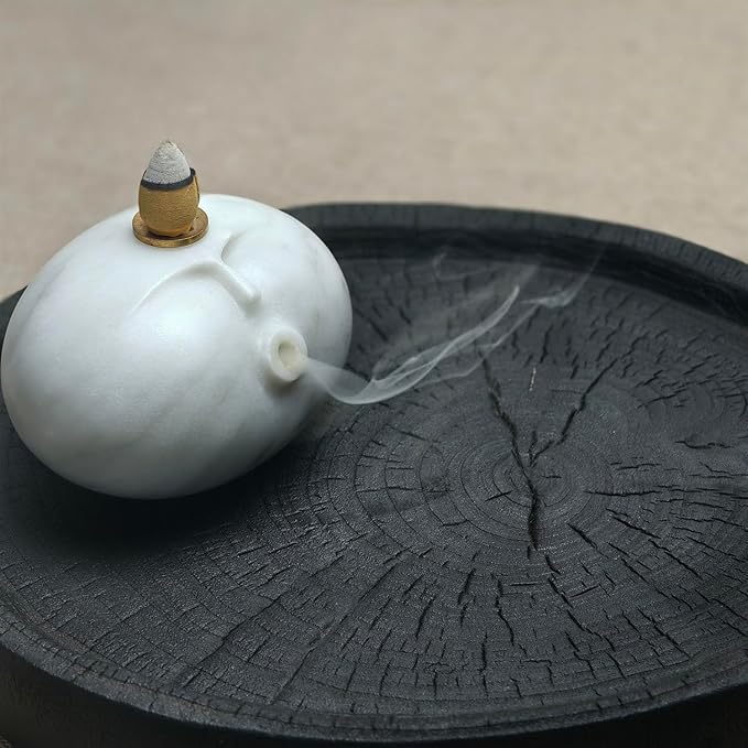 Stone Figure Incense Burner, Marble Backflow Incense Holder with Metal Pad & Mini Hat, Zen Meditation Decor, Modern Home Office Altar Statue, Unique Gift in Black & White (White)