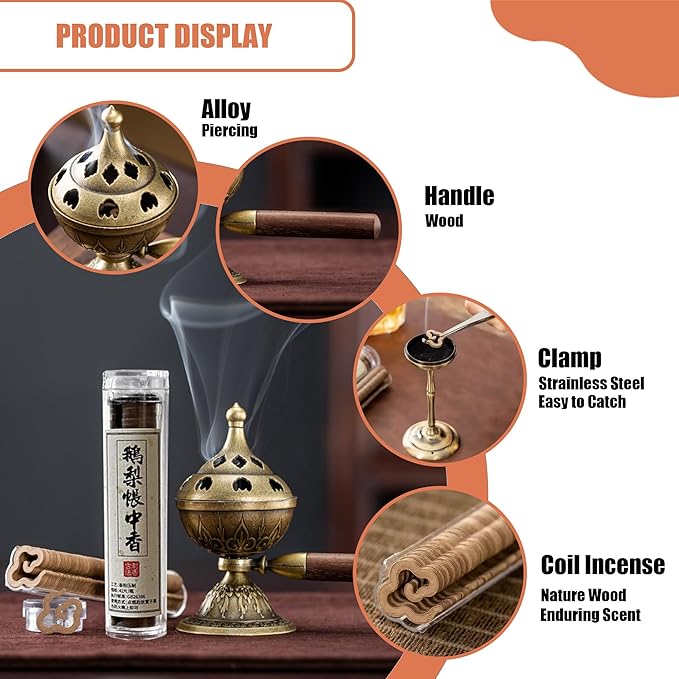 Handheld Incense Burner with 360° Rotating Handle-Chinese Bronze Style Holder for Incense Coils, Yoga Meditation, Home Office Desk Decor