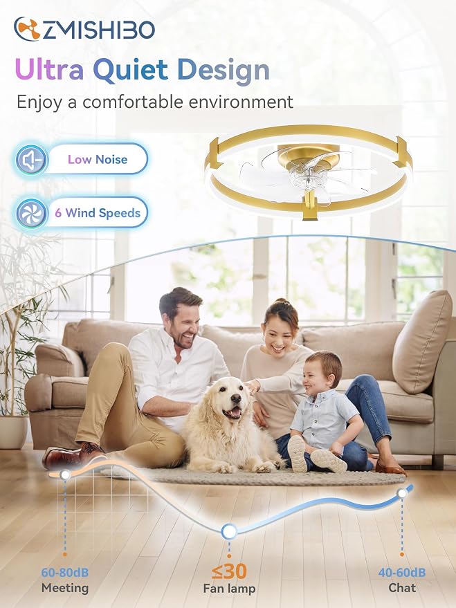 ZMISHIBO RGB Ceiling Fans with Lights and Remote, 20 inch Low Profile Ceiling Fan with Light, 3000K-6000K Dimmable & RGB, Modern Fandelier Flush Mount Ceiling Fan, Small LED Fan for Bedroom,Gold