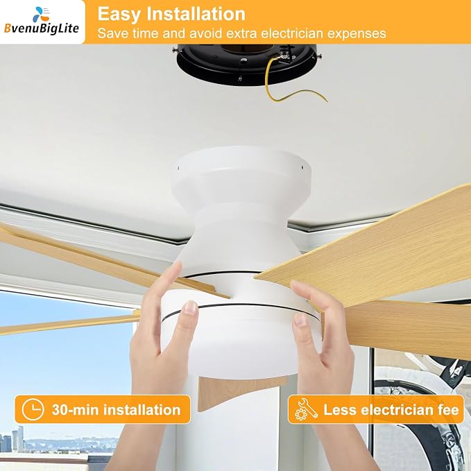Ceiling fans with lights and Remote: 25 Inch Ceiling Fan with Light Low Profile - Flush Mount Ceiling Fan 5 Blades Reversible 3CCT Dimmable Noiseless for Bedroom (White& Wood Grain)