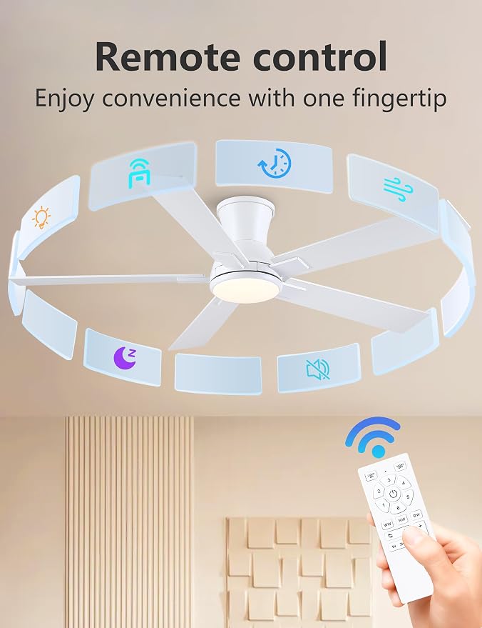 52 Inch White Flush Mount Ceiling Fan with Light, 3CCT Dimmable LED, 6-Speed Remote Control, Reversible Motor,Quiet Low Profile Energy-Efficient for Bedroom & Living Room,ETL Listed