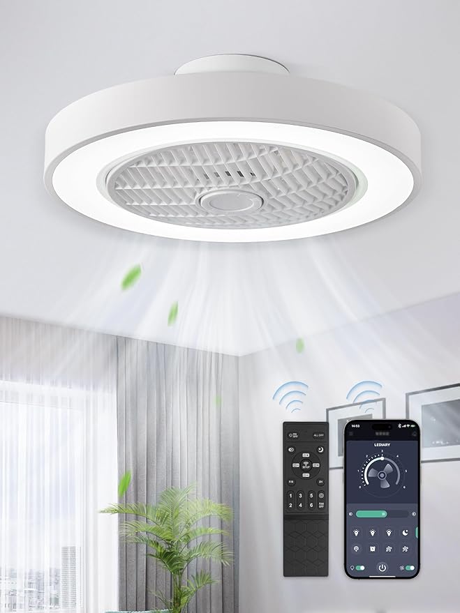 LEDIARY 20 Inch Low Profile Ceiling Fan With Light, Led Bladeless Ceiling Fans, Remote Control Enclosed Flush Mount Ceiling Fan With Timming, 3000-6000K, 6 Wind Speed, 3000LM, 57W-White