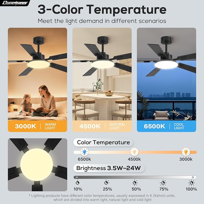 60 Inch Ceiling Fans with Lights and Remote, Bedroom Living Room Office Library Cafe Outdoor Industrial, 5CCT Dimmable, Dual Color 5 Blades, 6 Speed Reversible Quiet DC Motor, Black/Wood Grain