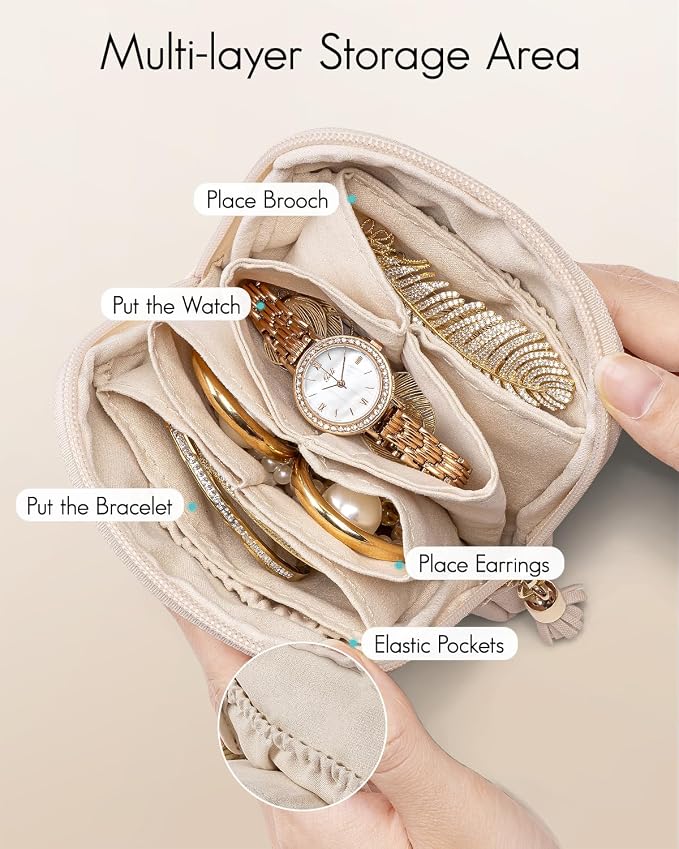 VLANDO Small Jewelry Travel Case,Jewelry Pouch Bags with Zipper,Velvet Jewelry Organizer Storage Bag for Bracelet Rings Earring Travel Essentials Gifts for Women Girl-Beige
