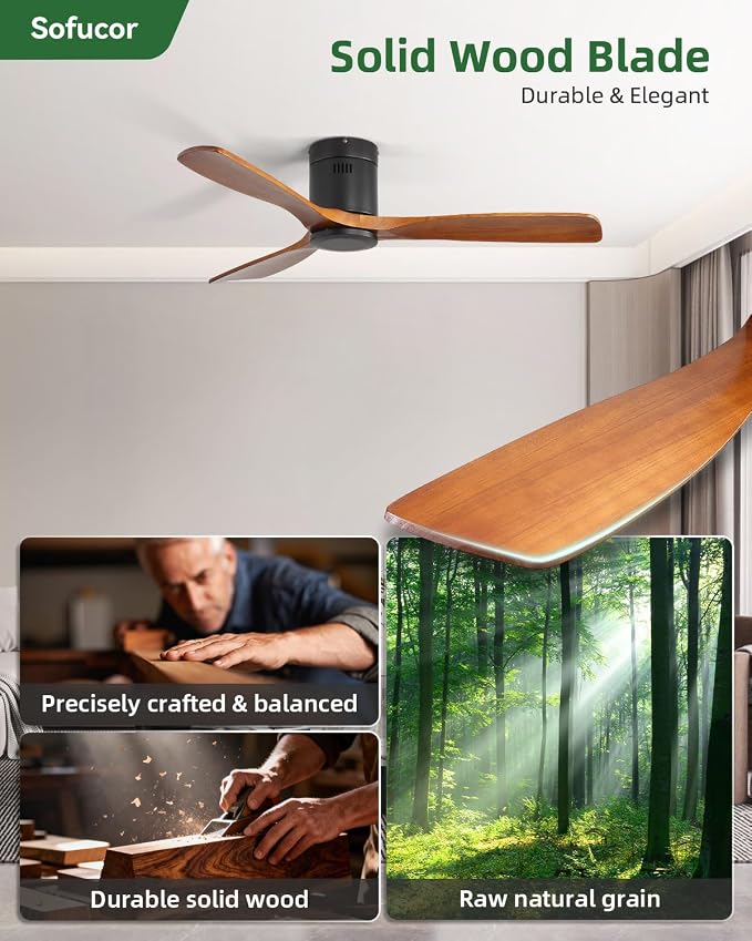Sofucor 52 Inch Solid Wood Ceiling Fan Without Lights Flush Mount Ceiling Fan with Remote Control-Wood Blades Modern Outdoor Ceiling Fans No Light for Bedroom/Farmhouse/Patio/Indoor, Brown Black