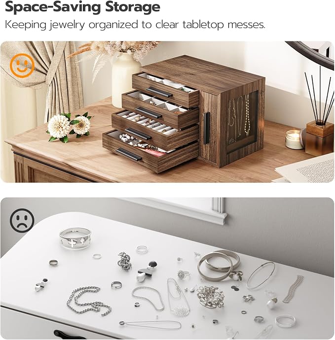 HOOBRO Jewelry Box for Women, Wooden Jewelry Organizer with Transparent Window, 4-Layer Jewelry Organizer Box, Jewelry Holder Organizer for Earrings, Necklaces, Rings, Walnut and Black BH09JB04
