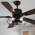 52" Industrial Farmhouse Ceiling Fan with Lights and Remote, Black Vintage Caged Fandelier Ceiling Fan with 5 Reversible Wooden Blades for Dining Room Living Room Bedroom