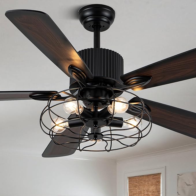 52" Industrial Farmhouse Ceiling Fan with Lights and Remote, Black Vintage Caged Fandelier Ceiling Fan with 5 Reversible Wooden Blades for Dining Room Living Room Bedroom