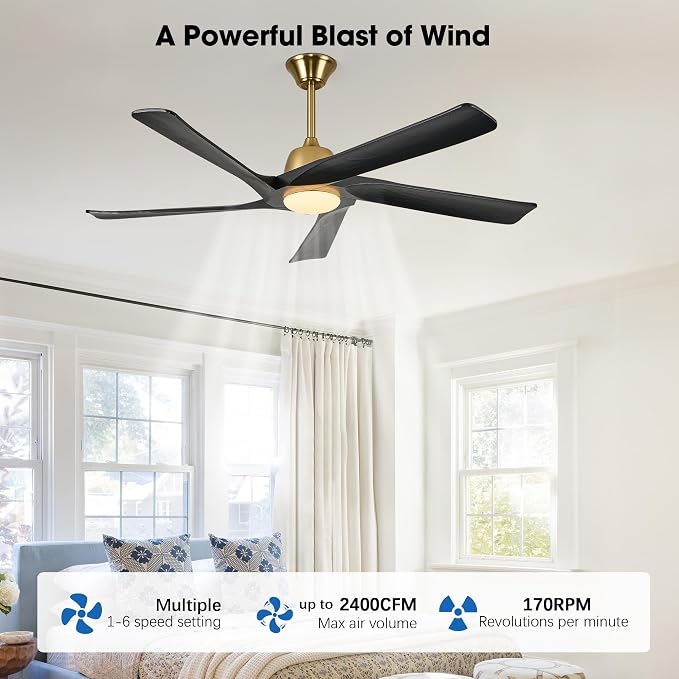 60 Inch Solid Wood Ceiling Fan with Light, Remote and APP Control, 3-color Dimmable, DC Motor, 6-speed Reversible,Outdoor/Indoor Ceiling Fans for Bedroom, Living Room, Black Gold