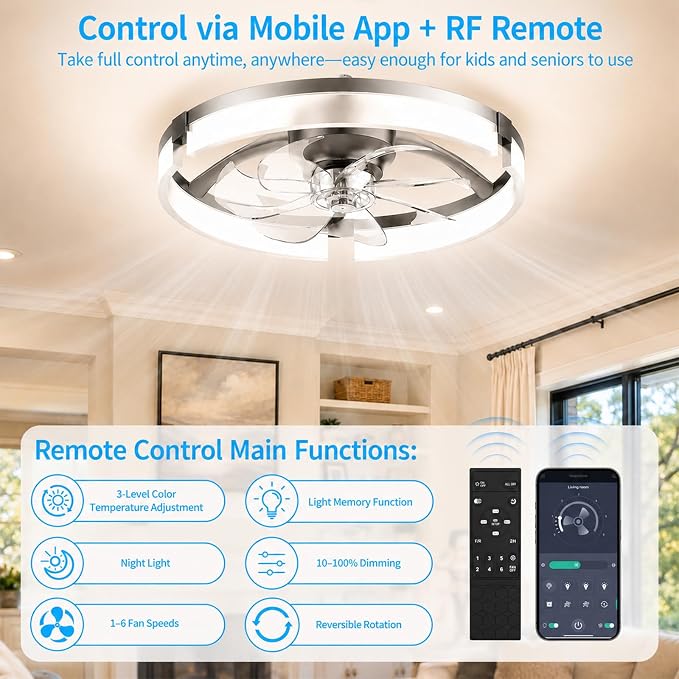 Ceiling Fans with Lights and Remote, 20'' Low Profile Ceiling Fan, 1-6 Wind Speeds, 3000-6500K Dimmable Flush Mount LED Fan Light, Modern Fandelier Ceiling Fans for Bedroom
