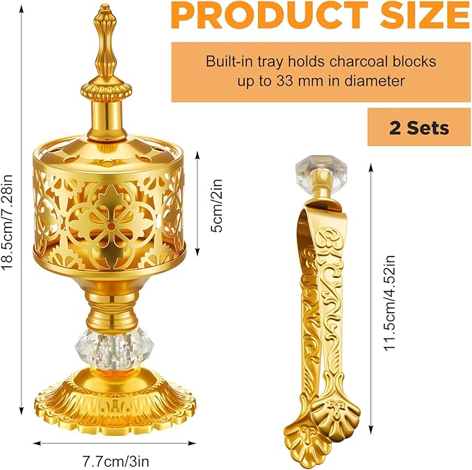 Zonon 2 Sets Incense Burner with Tong, Frankincense Charcoal Incense Stand Holder, Ideal for Yoga, Spa, Aromatherapy, Home and Christian Church Censer (Gold,Vintage)