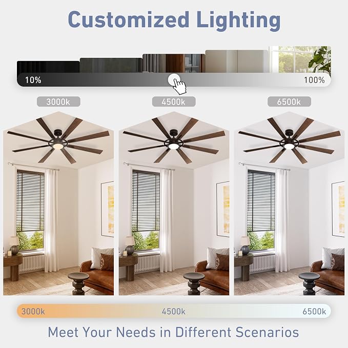 72 Inch Smart Ceiling Fan with Light and Remote, Walnut Ceiling Fan with Quiet Reversible DC Motor, Control Via WiFi Alexa App, 3CCT Dimmable Large Indoor/Outdoor Ceiling Fans for Patio Garage