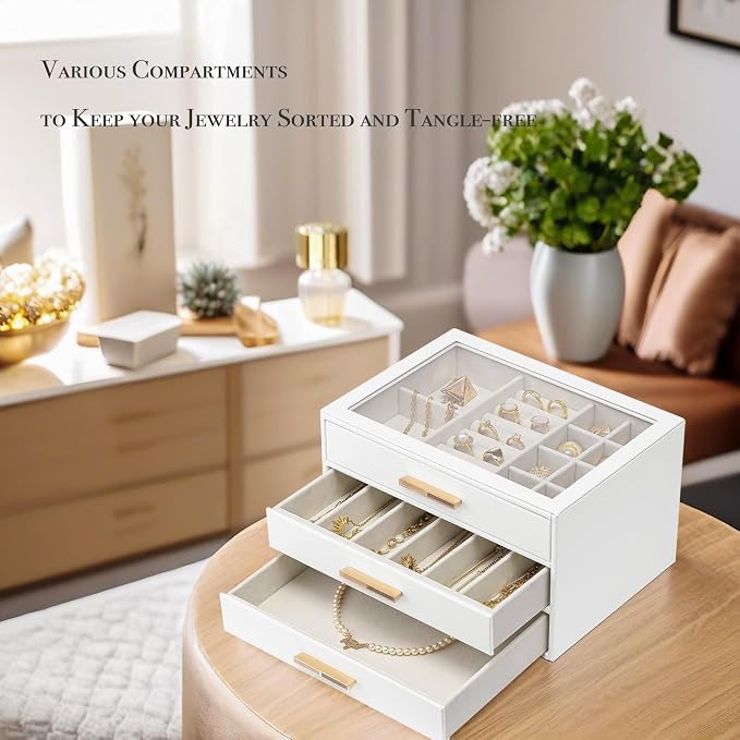 VLANDO 3-Drawer Jewelry Box with Glass Lid, Faux Leather Organizer for Rings Earrings Necklaces and More, Gift-Ready Jewelry Case for Women Girls or Moms, White