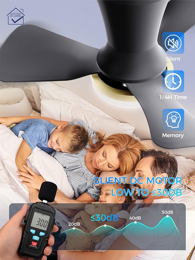 LANMEL 22 Inch Flush Mount Ceiling Fan with Light and Remote, Low Profile Modern Ceiling Fan, 6 Speed, Reversible, 3000k-6500k Dimmable LED, Quiet DC Motor for Indoor Outdoor, Black Gold