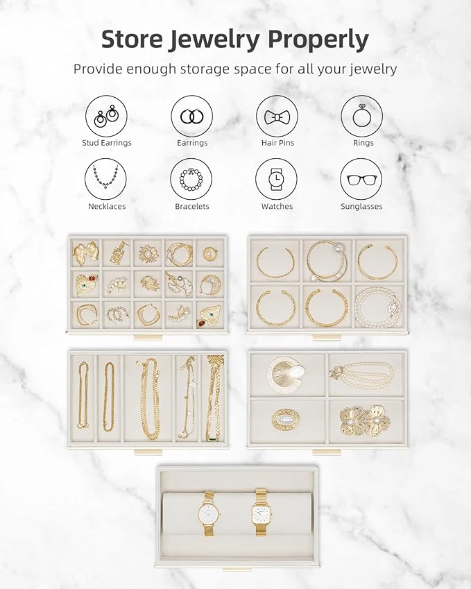 VLANDO 6 Layer Large Jewelry Box - Jewelry Holder Organizer, Jewelry Box Organizer for Drawer Necklace Ring Bracelet and Watch, Birthday Gift for Loved Ones - Beige