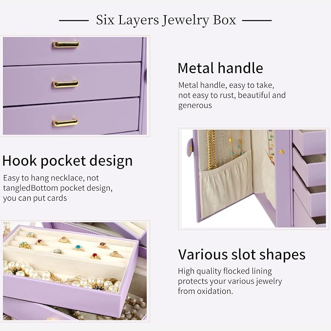 AKOZLIN 6-Tier Jewelry Box Organizer Functional 5 Drawers Leather Jewelry Storage Case for Women Girls Ring Necklace Earring Bracelet Holder Organizer with Mirror Violet Large