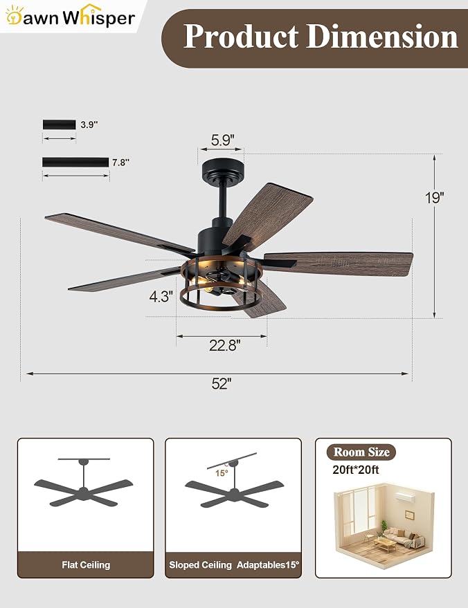 Dawn Whisper Farmhouse Ceiling Fans with Lights 52 Inch Black Caged Rustic Ceiling Fan for Bedroom Living Room and Patio Reversible Quiet DC Motor 6 Speeds
