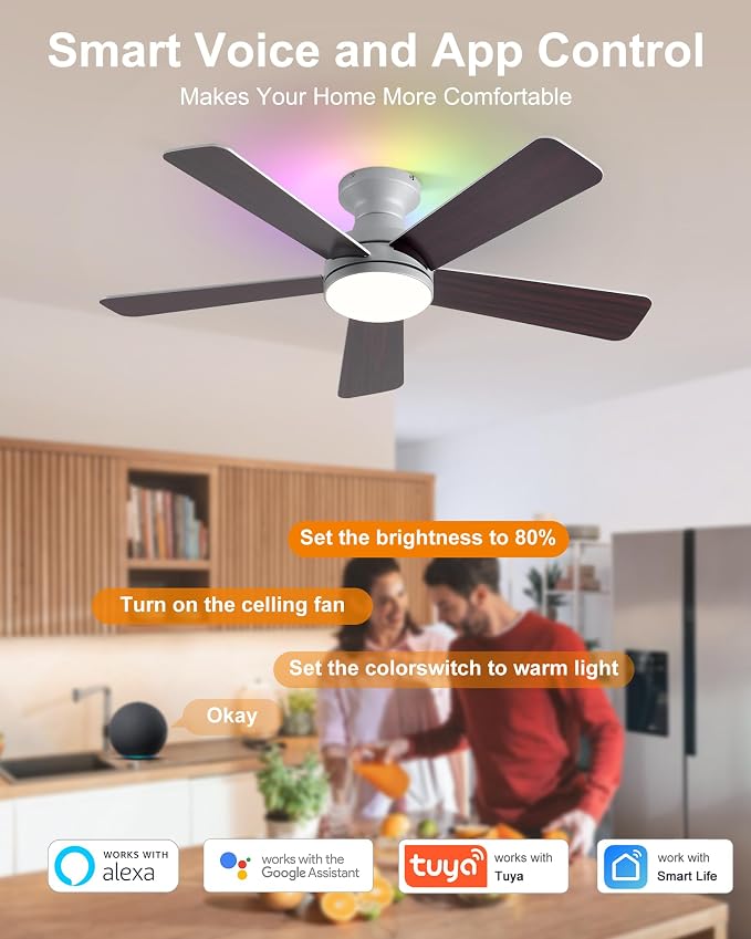 42 Inch Ceiling Fans with Lights, Smart Ceiling Fan with Alexa, Silver Ceiling Fan with RGB Lights Remote, 6 Speeds Reversible DC Motor, Modern Flush Mount for Bedroom Living Room