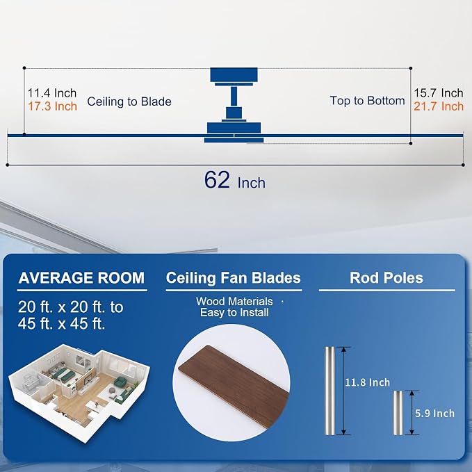 Rayqueen 62 Inch Brushed Nickel Ceiling Fans with Lights and Remote,Downrod | Walnut Blades,6 Speed Reversible DC motor,3-color temperature dimmable LED.For indoor/covered outdoor.5.9/11.8 inch downrod
