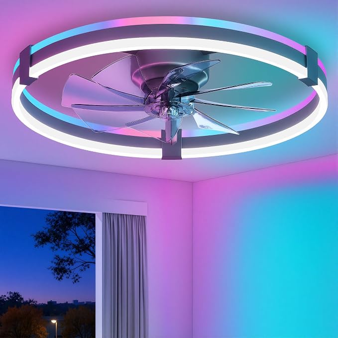 ZMISHIBO RGB Ceiling Fans with Lights and Remote, 23 inch Low Profile Ceiling Fan with Light, 3000K-6000K Dimmable & RGB, Modern Fandelier Flush Mount Ceiling Fan, Small LED Fan for Bedroom,Grey